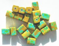 20 11x8mm Coated Turquoise and Gold Rectangle Glass Beads